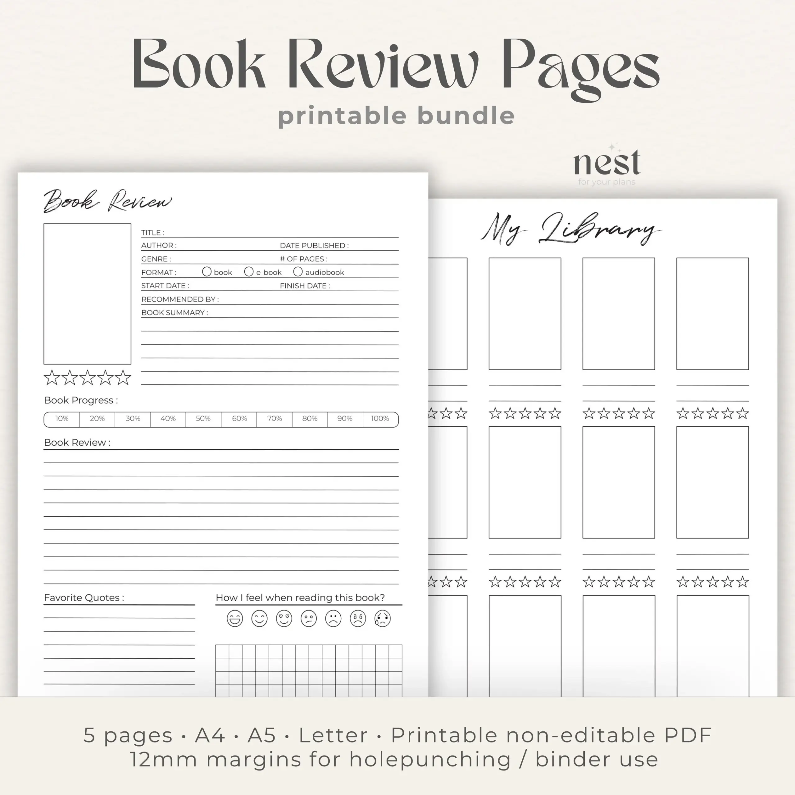 Printable Reading Journal Minimal Book Review Page PDF Book Planner Binder Reading Tracker A4 A5 Letter Instant Download Etsy