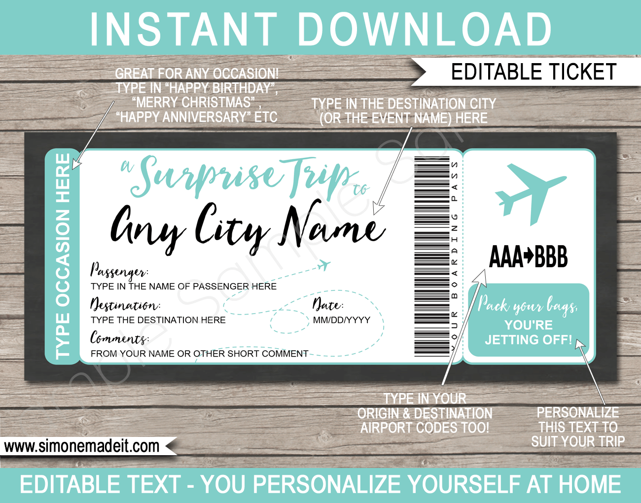 Surprise Trip Plane Ticket Template Printable Fake Boarding Pass Gift