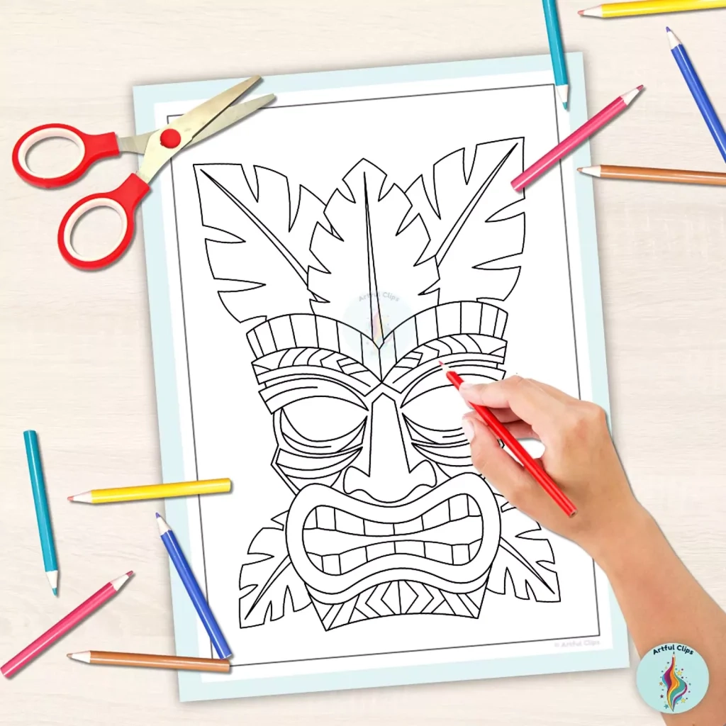 Tiki Mask Coloring Pages For Tropical Hawaii Luau Party