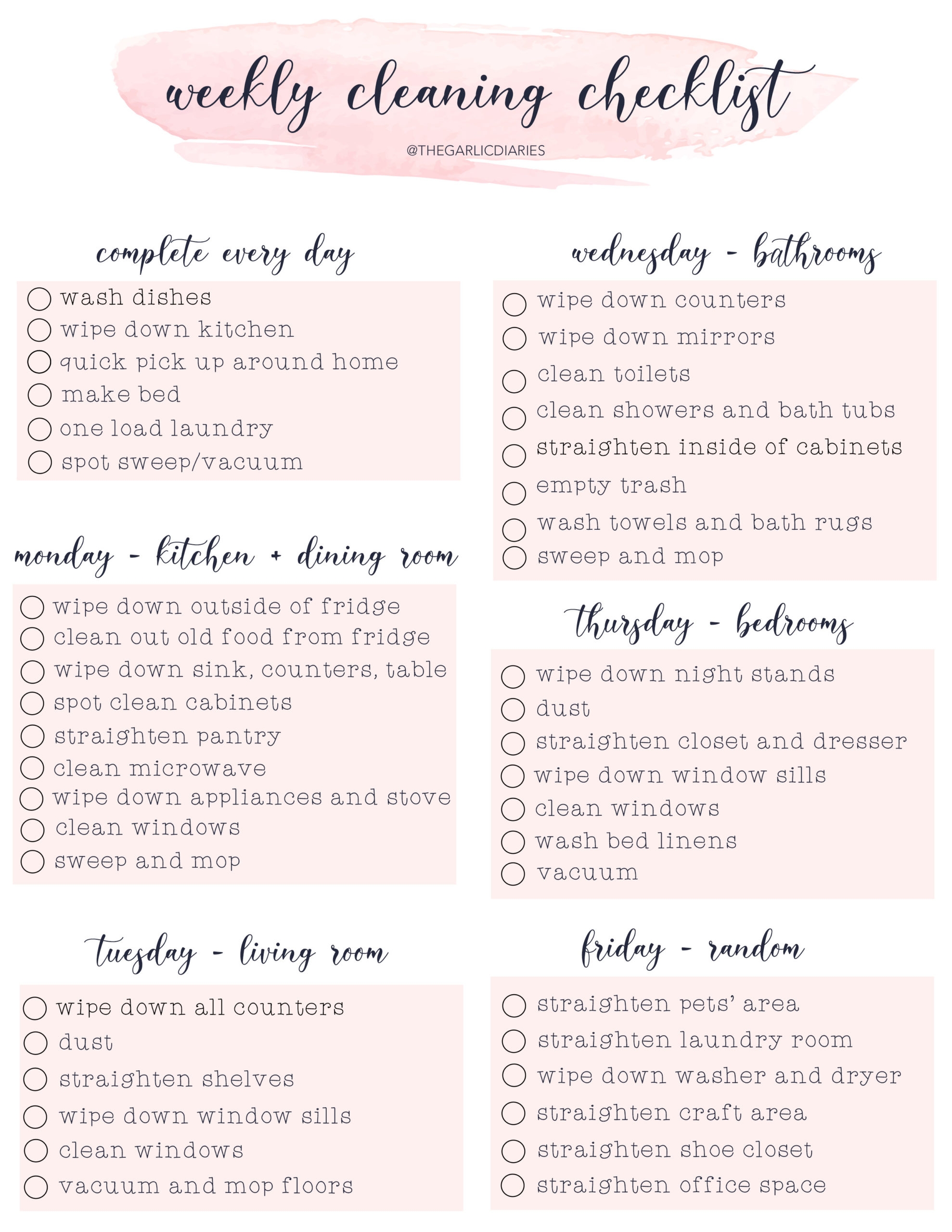 Weekly Cleaning Checklist with Free Downloadable